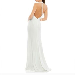 Mac Duggal 25572 White Beaded Halter Jersey Evening Bridal Reception Gown Size 8